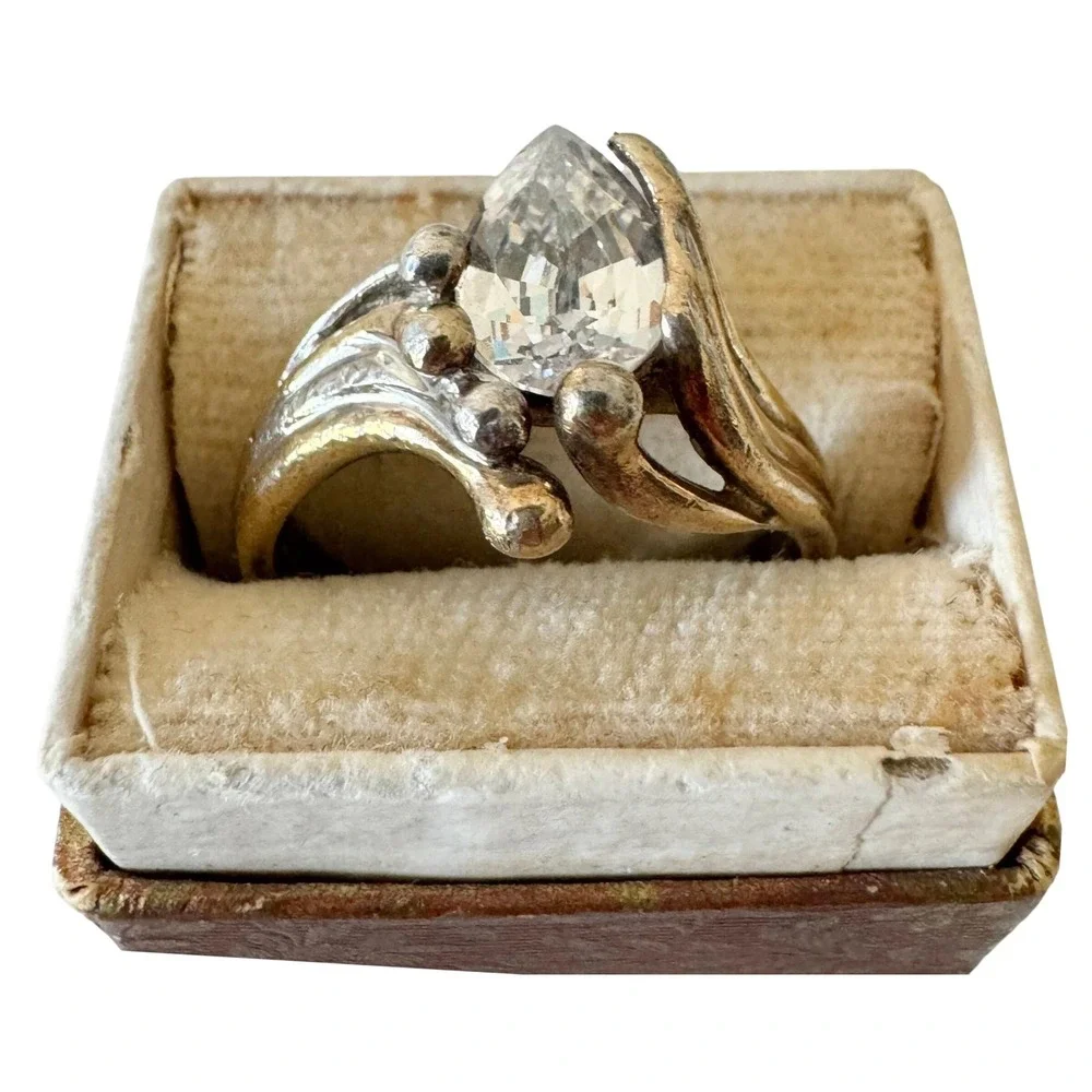Vintage Artisan Sterling Silver Pear Cubic Zirconia Brutalist Modern Ring Size 8